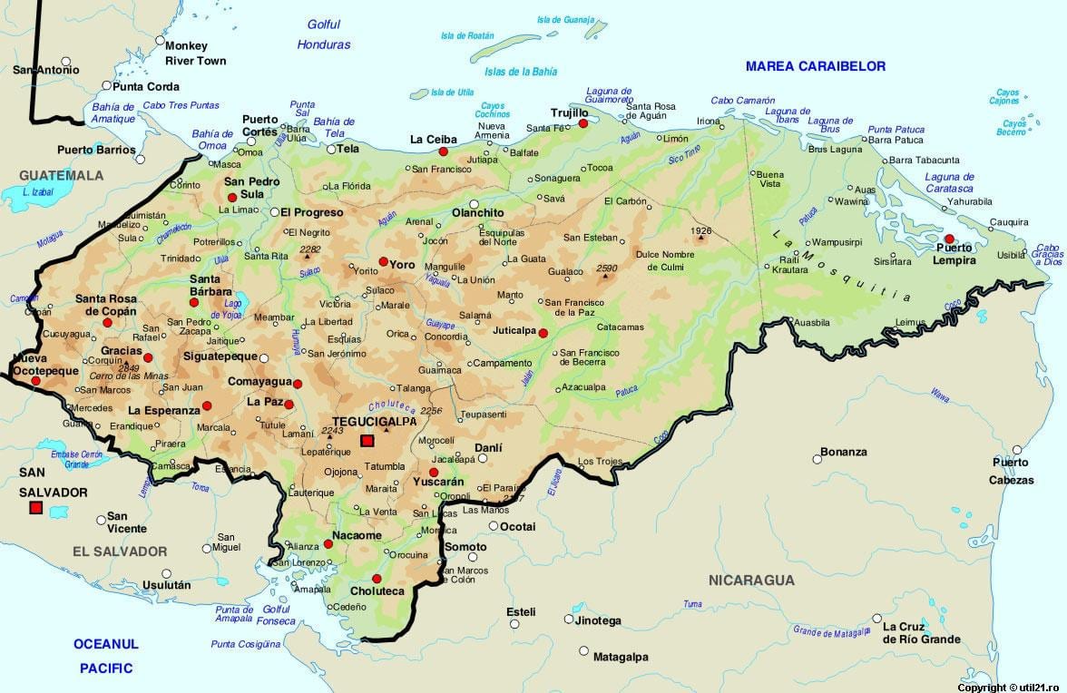 kat jeyografik nan Ondiras ak peyi nan vwazinaj yo